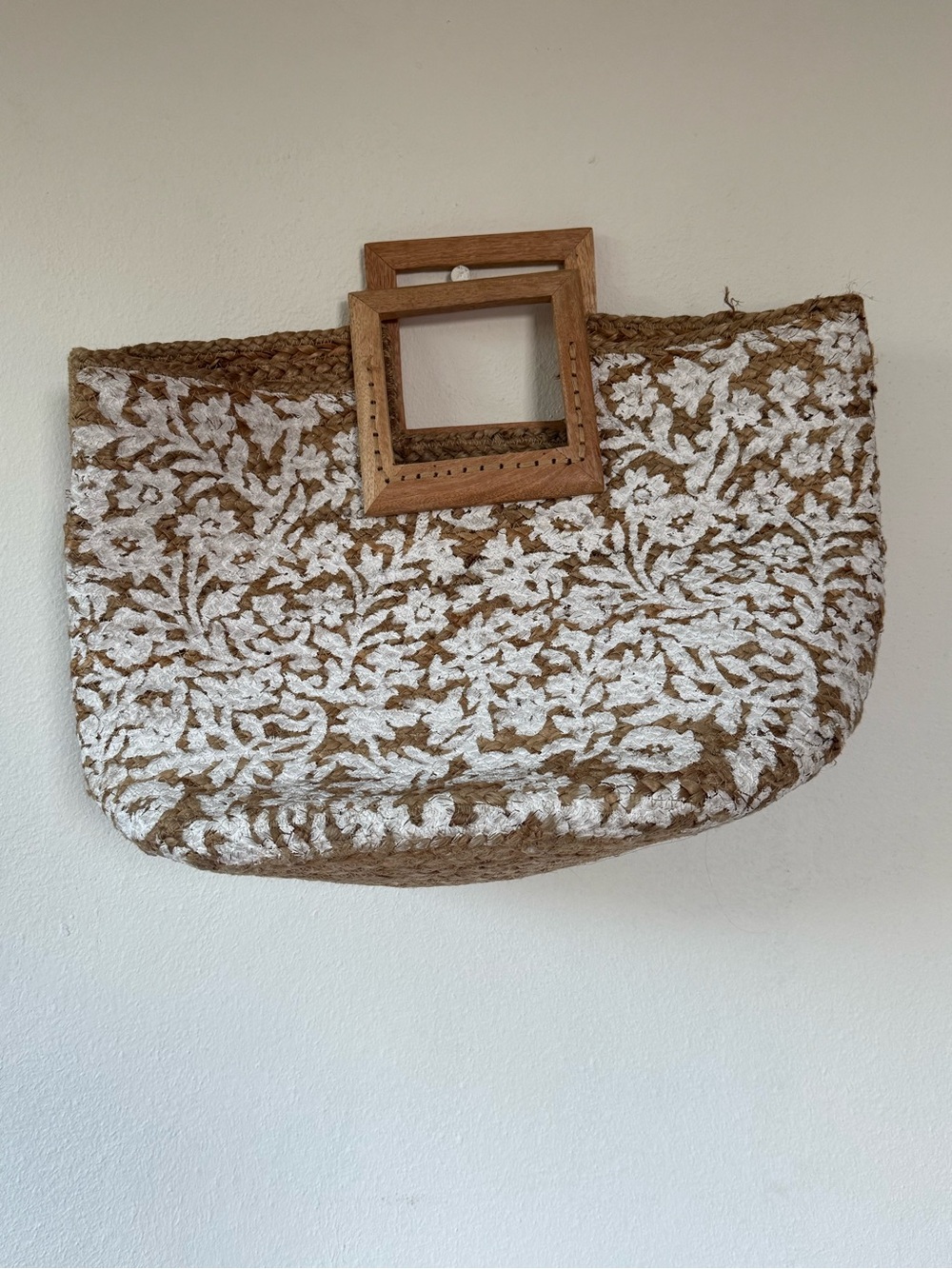 Woven Jute Tote with White Floral Print and Wooden Handles